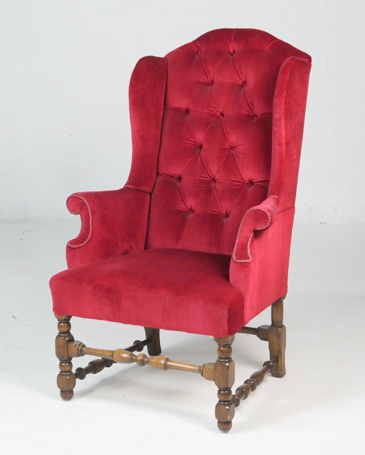 William & Mary style upholstered red fabric upholstered wing armchair, early 20th Century, with