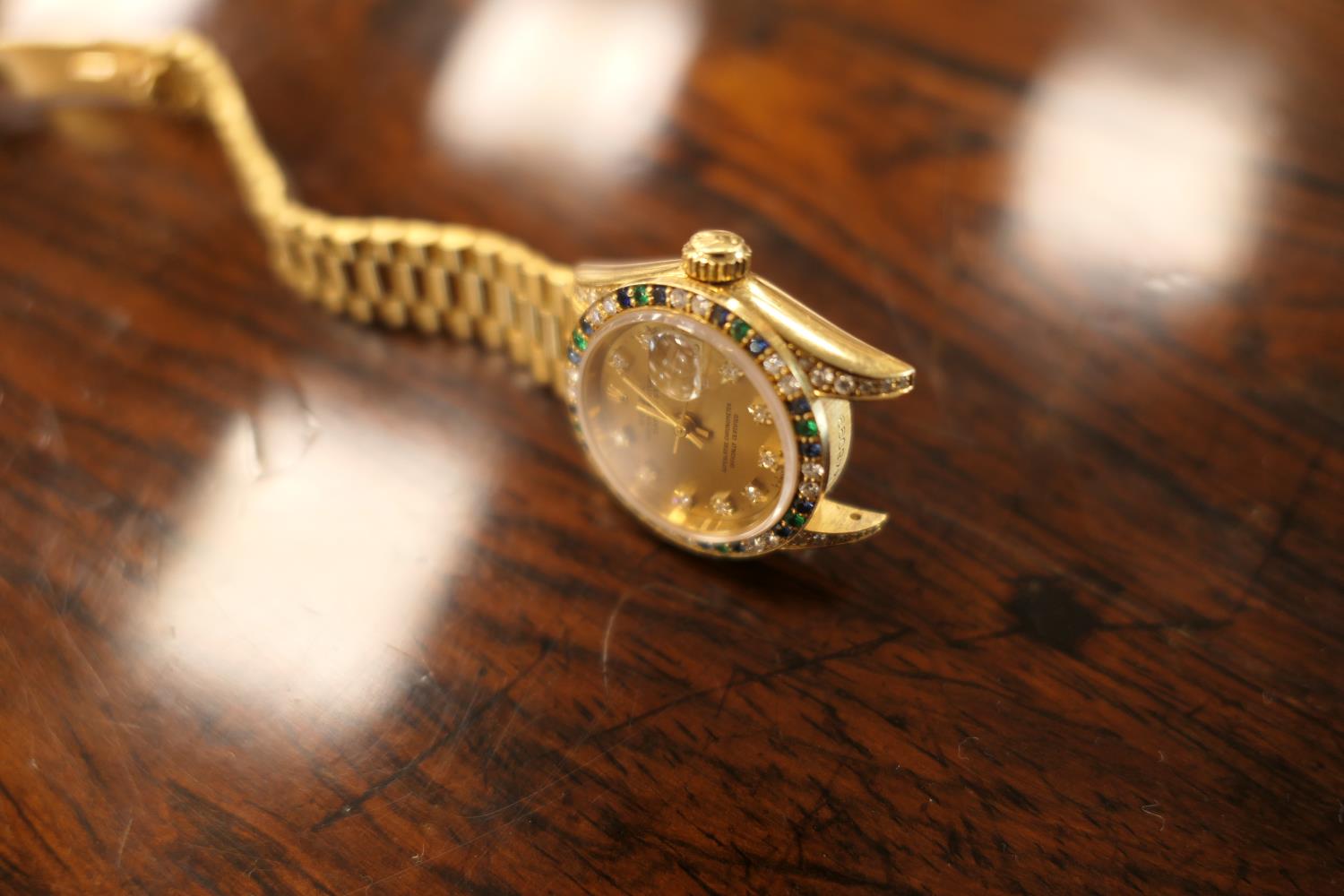 Rolex Lady-Datejust diamond, sapphire and emerald set 18ct gold Oyster Perpetual wristwatch, model - Image 7 of 10