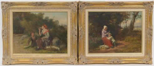 William Bromley (active 1835-1888), Pair, 'Mother and child resting on a country path', signed, 38cm