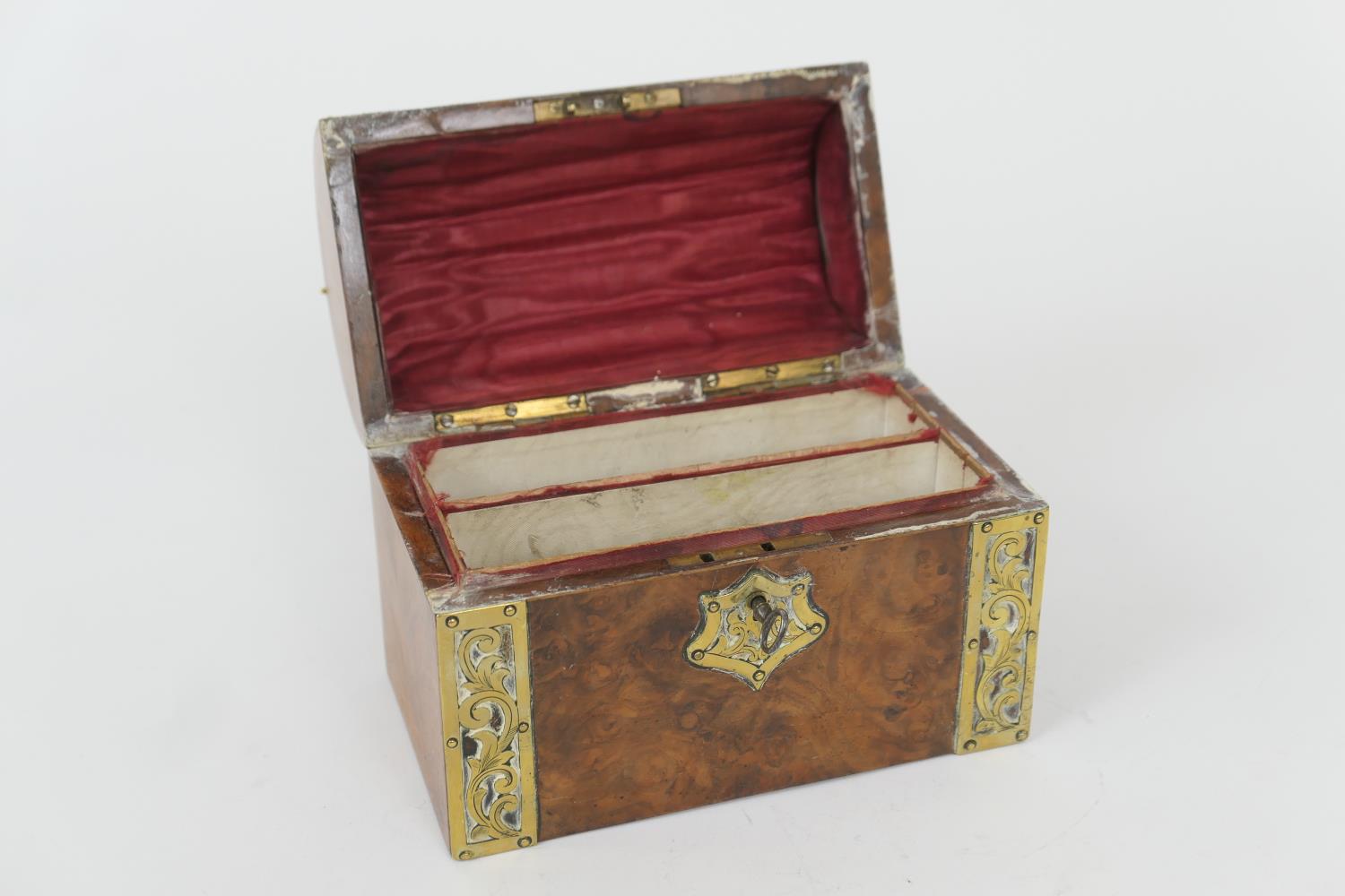 Victorian brass mounted burr walnut stationery casket, domed form opening to a comparted interior, - Image 2 of 4