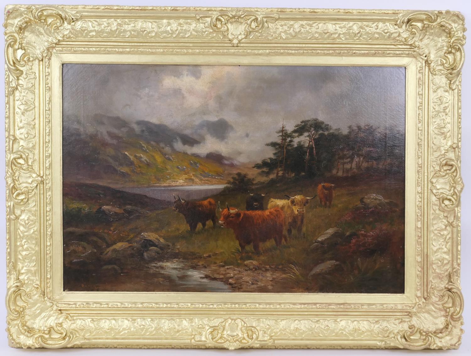 William Langley (1852-1922), Highland cattle in a landscape, signed oil on canvas, 51cm x 75cm (