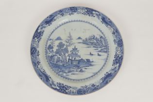 Chinese blue and white porcelain charger, Qianlong (1736-95), decorated with a pagoda landscape