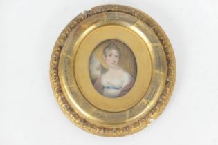 English School (19th Century), Portrait miniature of a girl in a white dress with blue ribbon
