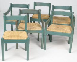 Set of six green stained beech Carimate dining chairs, by Vico Magistretti for Habitat, comprising