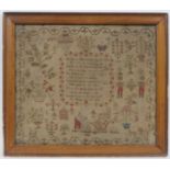 George IV needlework sampler, by Ellen Lowook (sic) Aged 9 Years, Skipton, 1828, centred with a