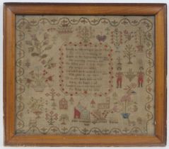 George IV needlework sampler, by Ellen Lowook (sic) Aged 9 Years, Skipton, 1828, centred with a