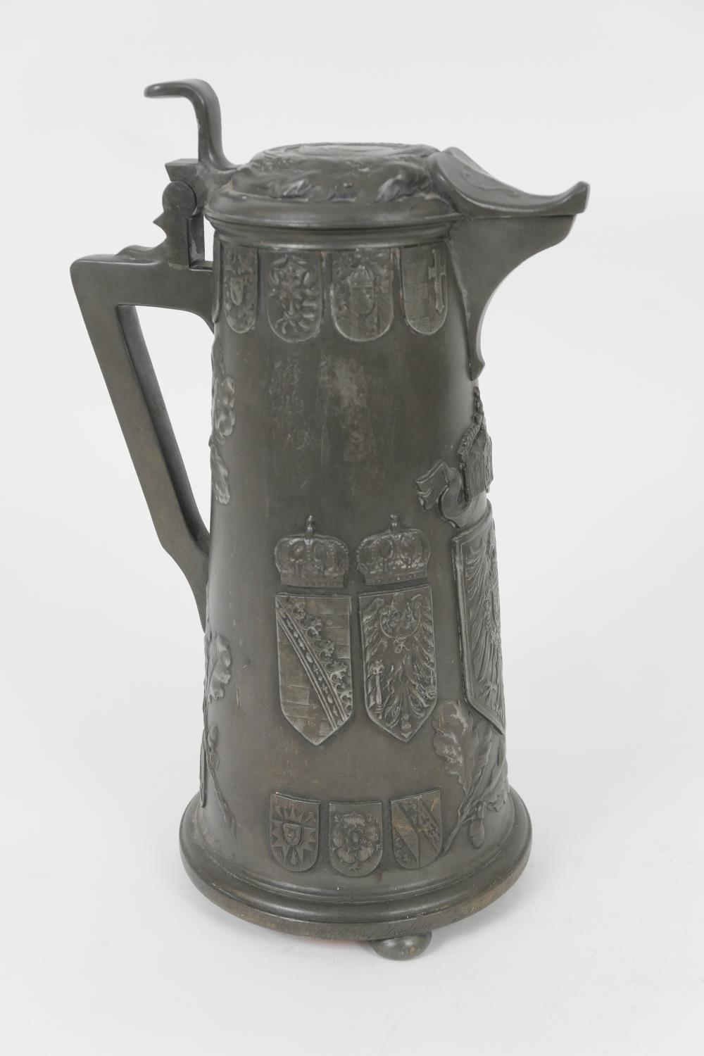 Kayserzinn pewter ale flagon, tapered form, the hinged cover with a profile portrait of Kaiser