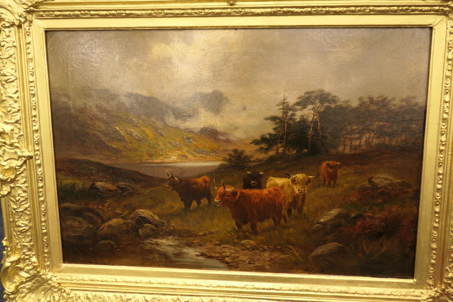 William Langley (1852-1922), Highland cattle in a landscape, signed oil on canvas, 51cm x 75cm ( - Image 2 of 12