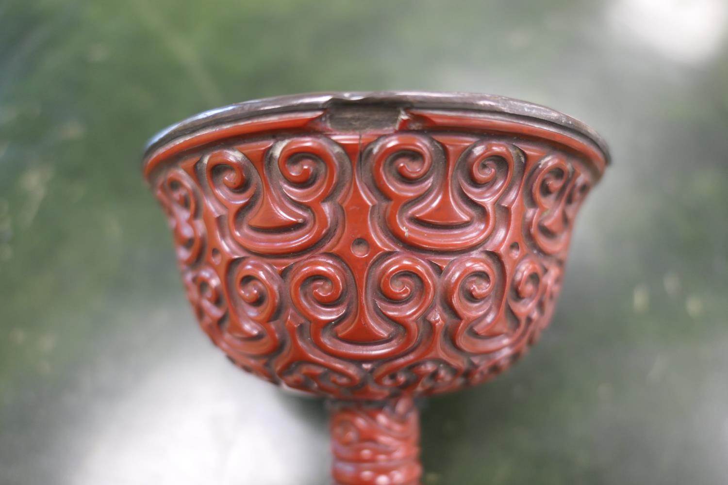 Chinese red guri lacquer stem cup, Ming Dynasty, probably 15th or 16th Century, carved in relief - Image 4 of 15