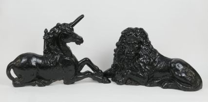Pair of Victorian lion and unicorn cast iron boot scrapes, mid 19th Century, the lion 68cm, the
