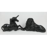 Pair of Victorian lion and unicorn cast iron boot scrapes, mid 19th Century, the lion 68cm, the