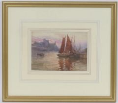James W Milliken (1865-1945), Quiet harbour, sunset, watercolour, signed, 15cm x 20.5cm (Please note