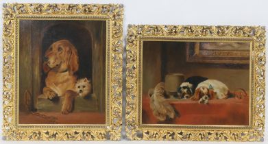 After Landseer, The Cavaliers, oil on canvas, 35cm x 45cm, mounted in an acanthus moulded gilt