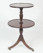 George III mahogany dumb waiter, pedestal form with two circular moulded edge shelves, on a turned