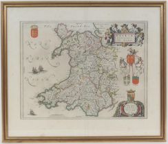 Johannes Blaeu, Wallia, hand coloured map, circa 1645, 51cm x 60cm, framed and double glazed (Please