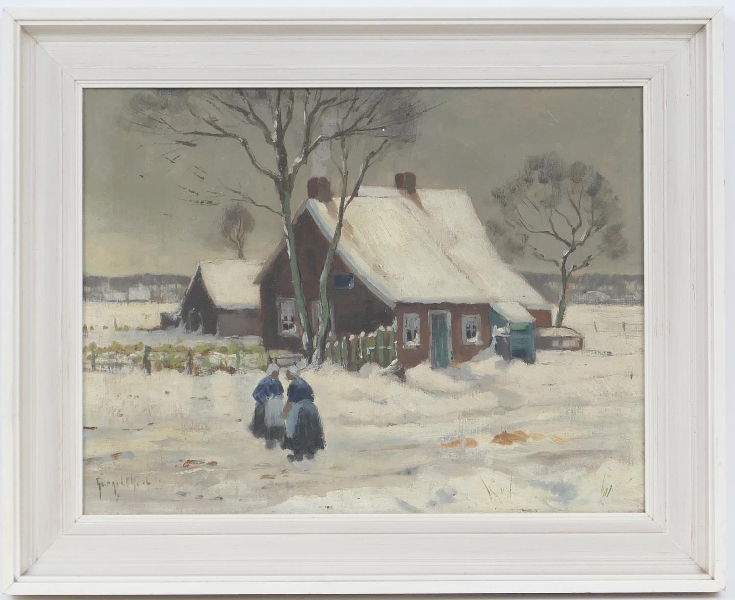 Continental School (early 20th Century), Winter landscape with figures before a cottage,