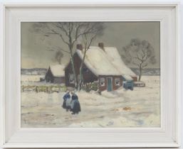 Continental School (early 20th Century), Winter landscape with figures before a cottage,