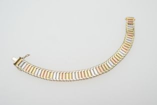 9ct three colour gold textured brick link bracelet, length 18cm, weight approx. 16.9g (Please note