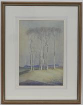 Possibly Russian School (20th Century), Open landscape with tall trees, watercolour, indistinctly