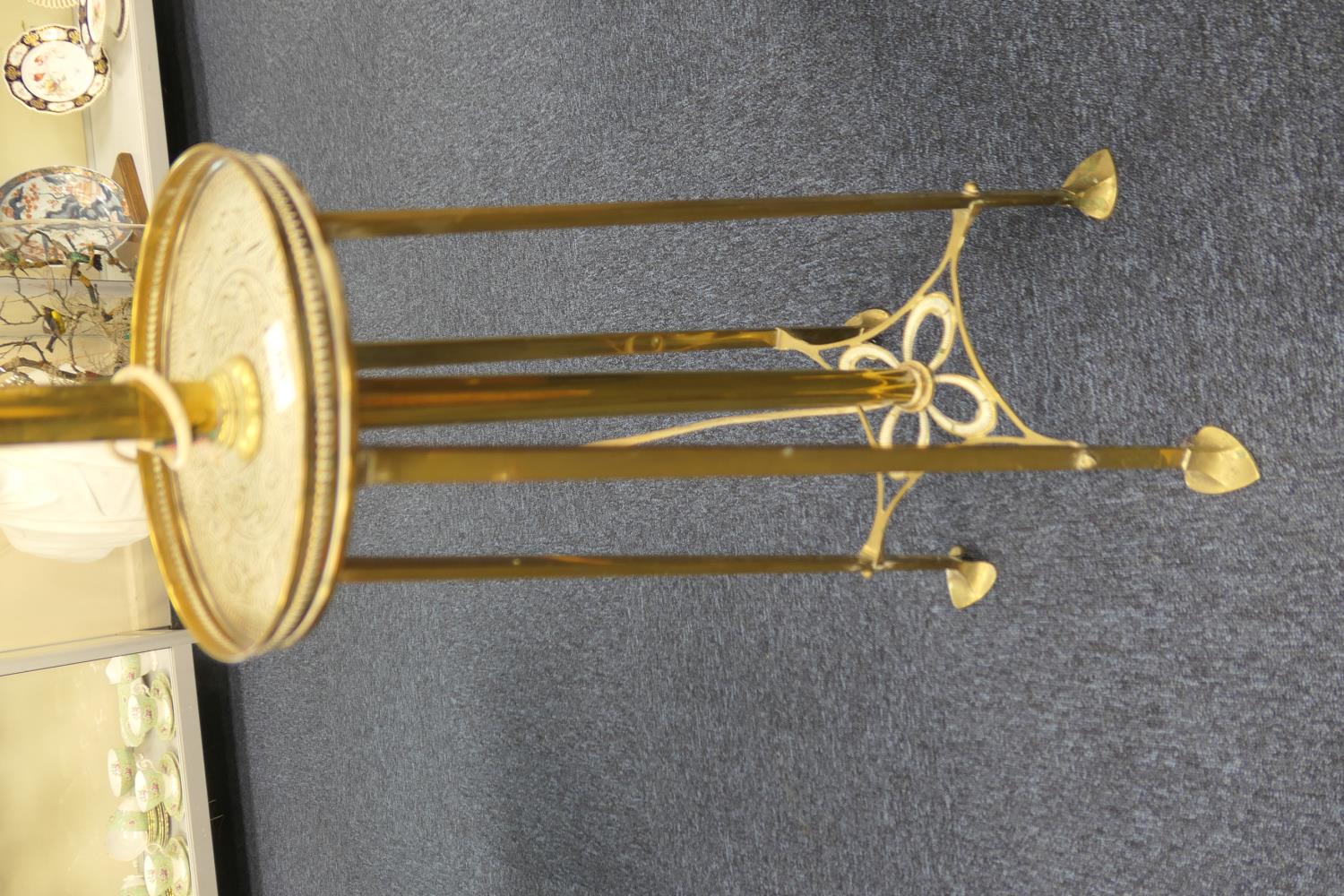 Edwardian brass extending standard lamp, centred with a galleried circular tray detailed with - Image 7 of 9