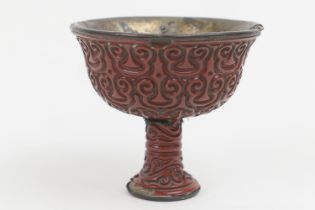 Chinese red guri lacquer stem cup, Ming Dynasty, probably 15th or 16th Century, carved in relief