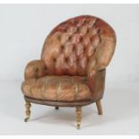 Victorian style brown deep buttoned leather upholstered armchair, with rounded back and bowed seat