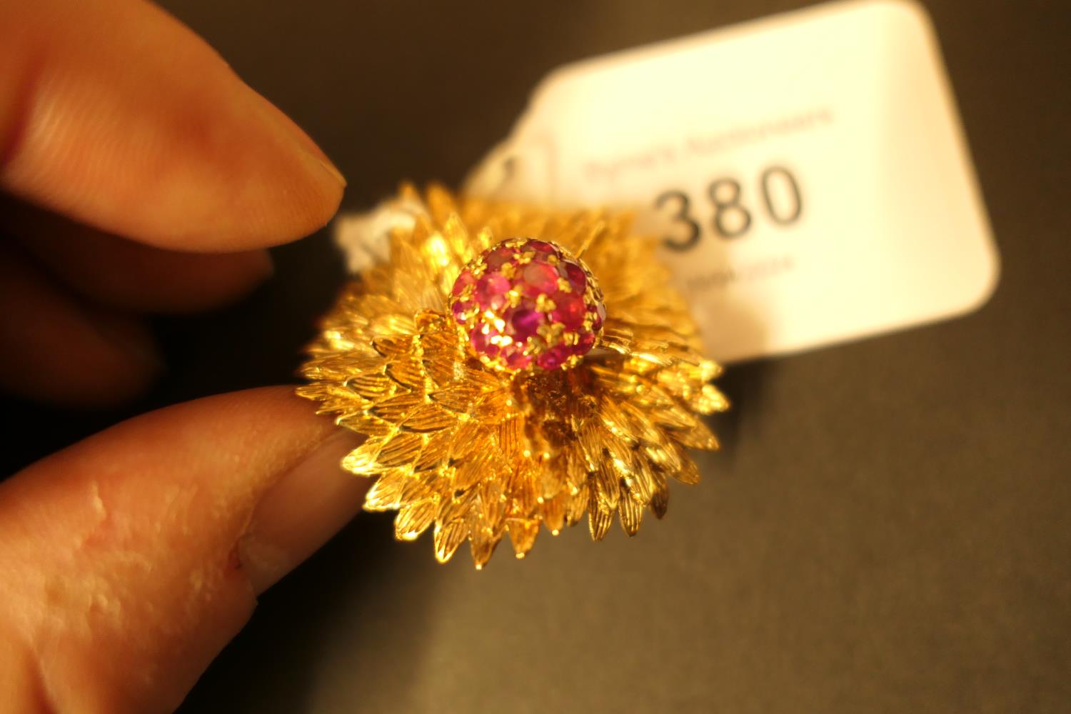 18ct gold and ruby chrysanthemum brooch, centred with a pistil of round cut rubies within a textured - Image 5 of 5