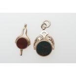 9ct gold bloodstone and cornelian swivel watch key fob; also a further 9ct gold bloodstone and