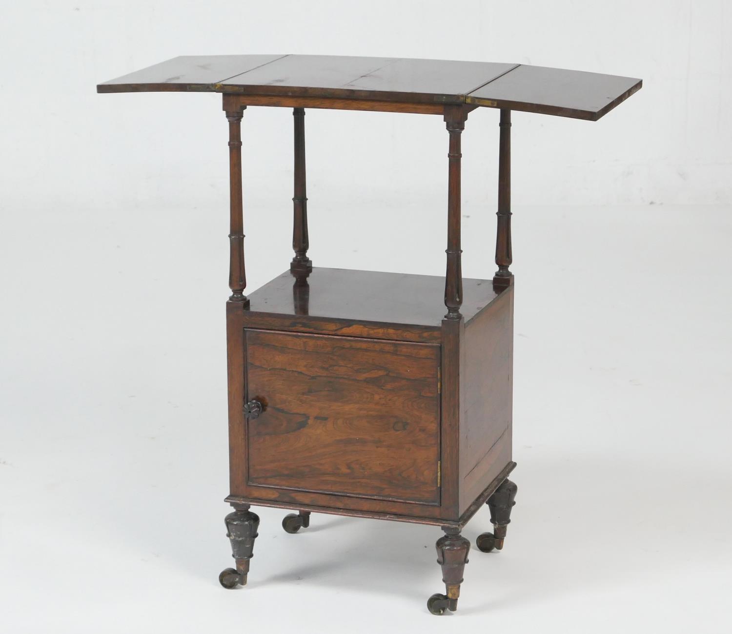 William IV rosewood washstand, square folding top on turned and tulip carved slender columns with