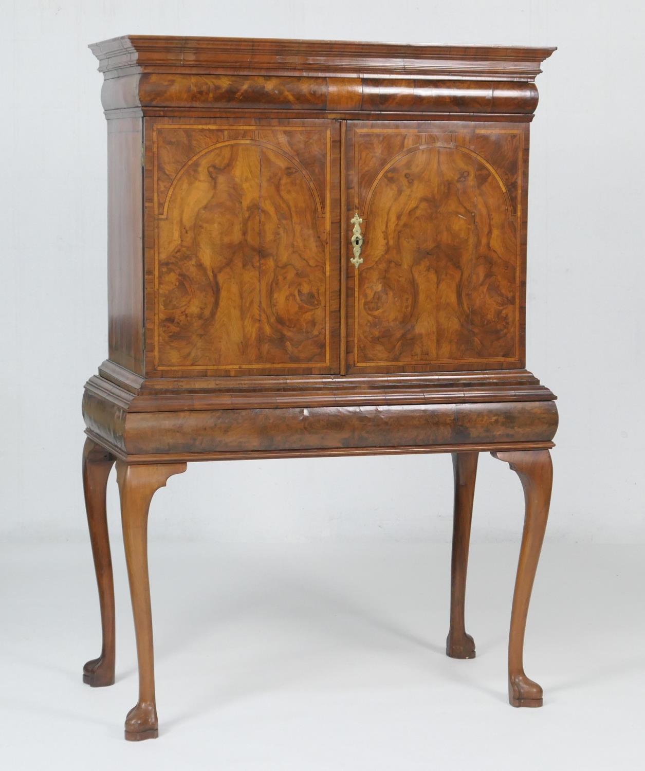 Queen Anne style walnut cabinet on stand, having a moulded cornice with barrel fronted frieze drawer - Image 2 of 2
