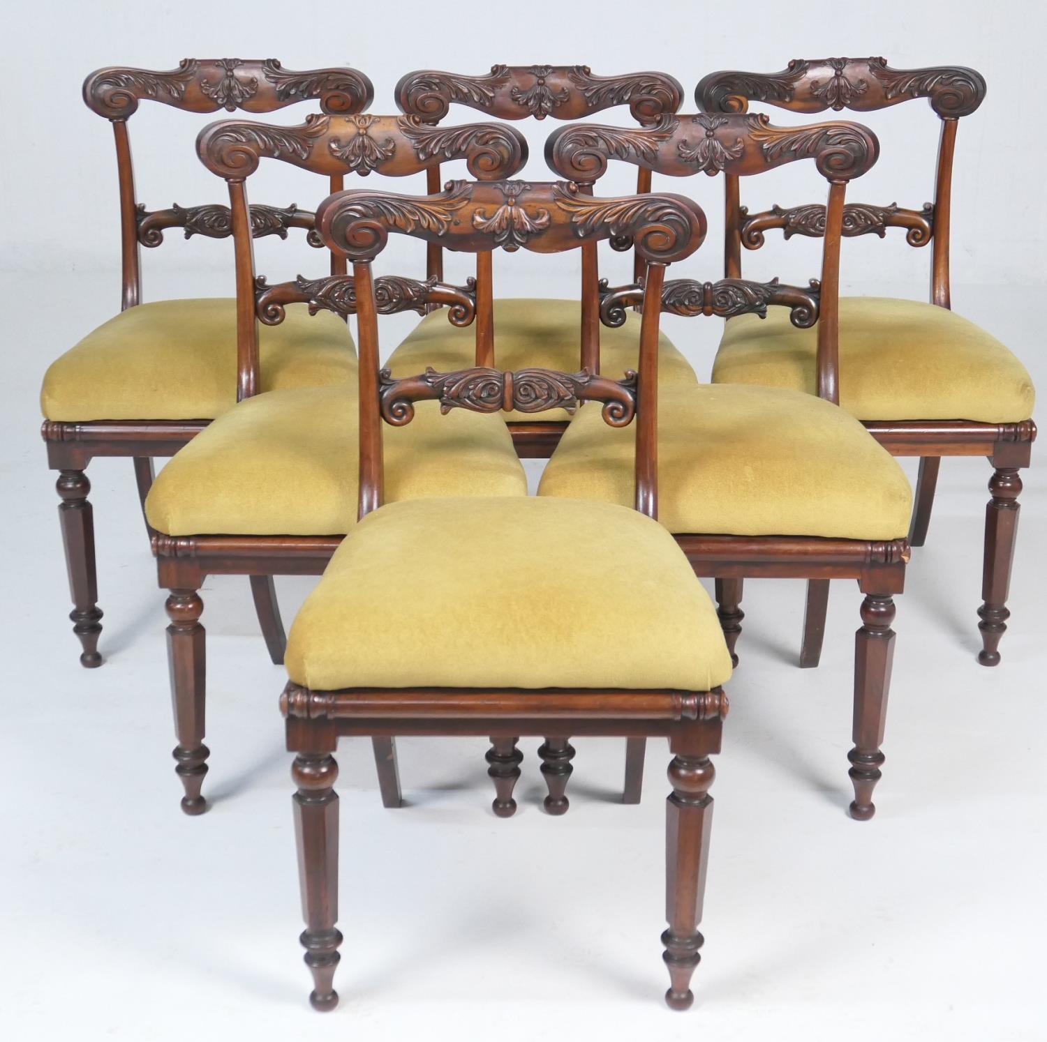 Good set of six George IV goncalo alves dining chairs, circa 1825, the top rails carved with