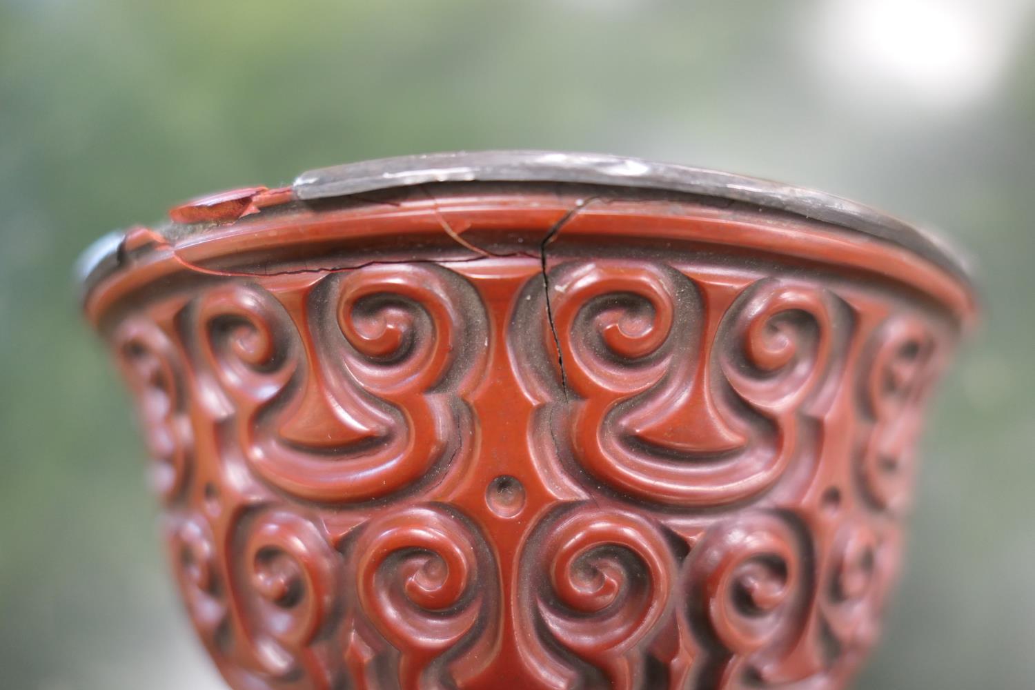 Chinese red guri lacquer stem cup, Ming Dynasty, probably 15th or 16th Century, carved in relief - Image 7 of 15