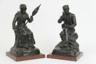 George Maxim (1885-1940), Pair, 'La Filleuse' and 'Preneur à priser', bronze, signed, on scagliola