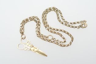 9ct gold chain necklace, supporting a 9ct gold scissors pendant, length 39cm, the pendant 33mm,