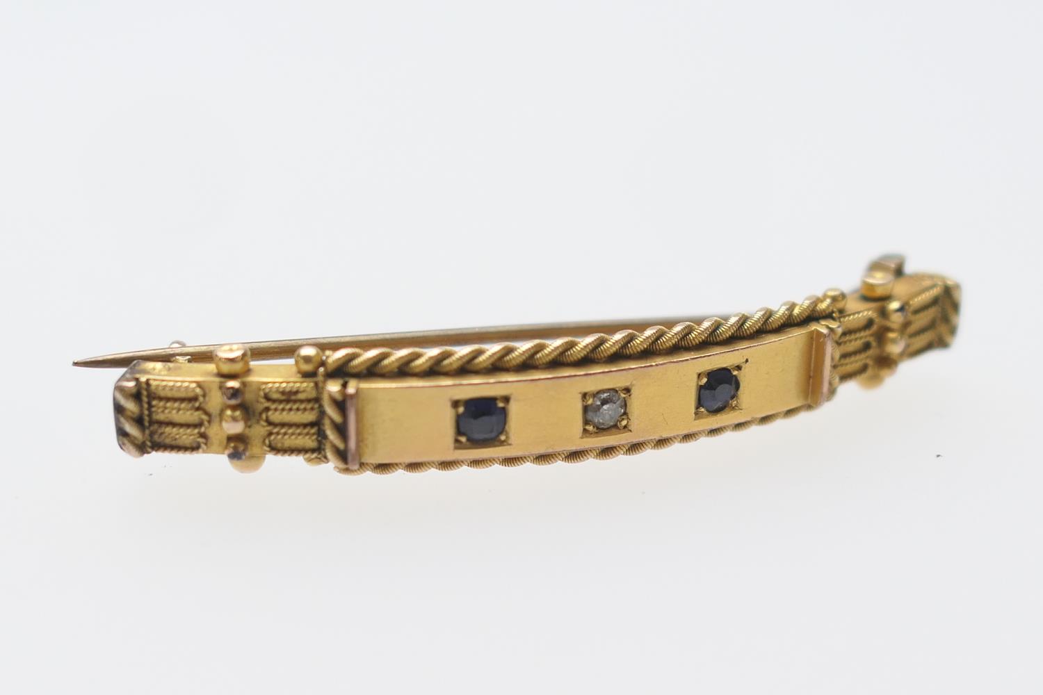 Late Victorian 9ct gold diamond and sapphire cannetille bar brooch, hallmarked Birmingham 1896,