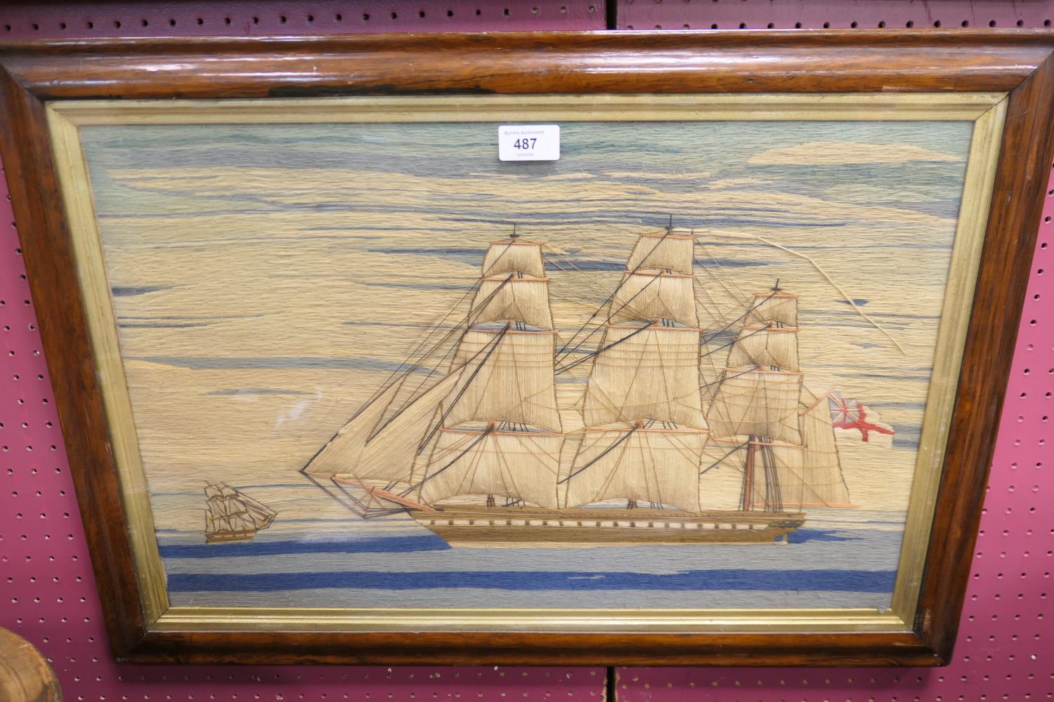 Victorian woolwork tapestry featuring an English clipper on calm seas, within a contemporary - Image 2 of 8