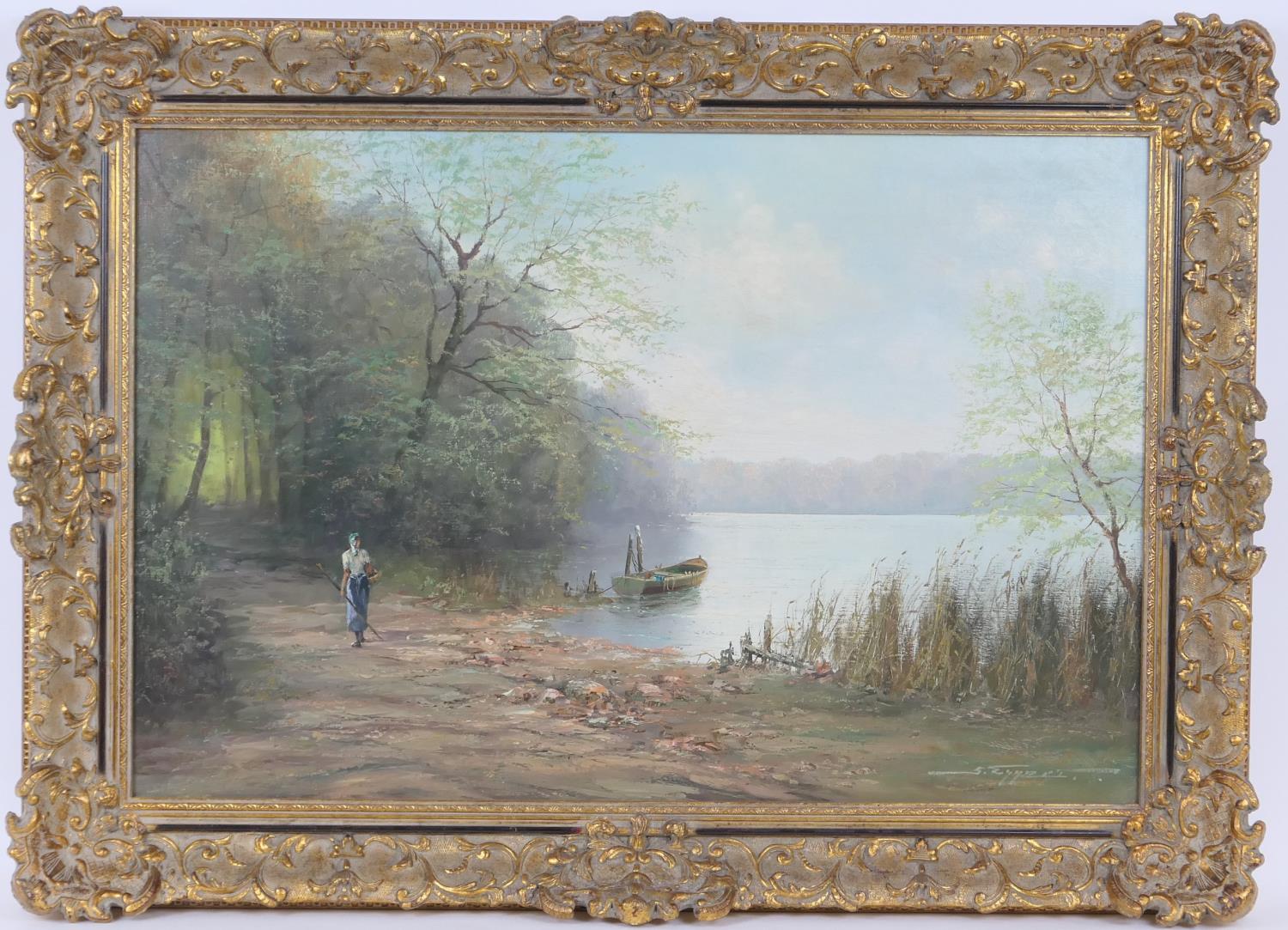 British School (late 20th Century), Lakeside at dawn, oil on canvas, indistinctly signed, 60cm x