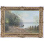 British School (late 20th Century), Lakeside at dawn, oil on canvas, indistinctly signed, 60cm x