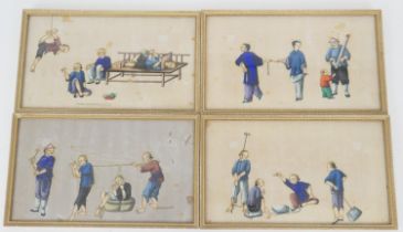 Chinese School, four rice paper paintings, depicting scenes of torture and imprisonment, late 19th