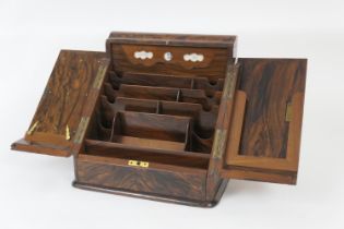 Victorian walnut stationery box, hinged top and slope front opening to reveal a comparted interior