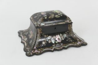 Unusual Victorian papier mache tea caddy, circa 1860, the hinged cover opening to two caddy