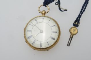 Victorian 18ct gold open faced pocket watch, London 1874, white enamelled dial with Roman