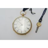 Victorian 18ct gold open faced pocket watch, London 1874, white enamelled dial with Roman