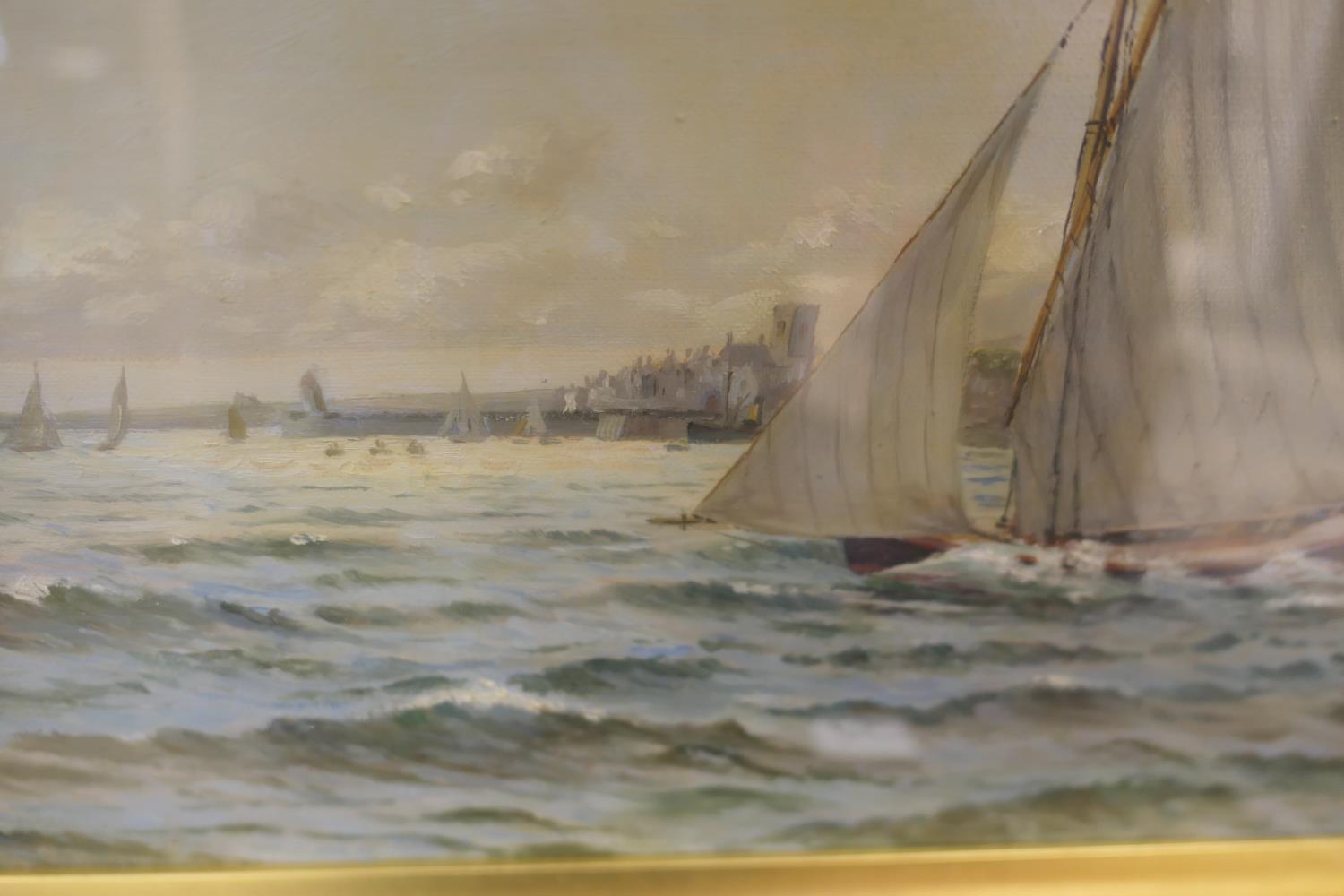 Flaxney Stowell Jnr (1846-1916), Racing off Cowes, oil on canvas, signed and dated 1919, 30cm x 45cm - Image 5 of 7