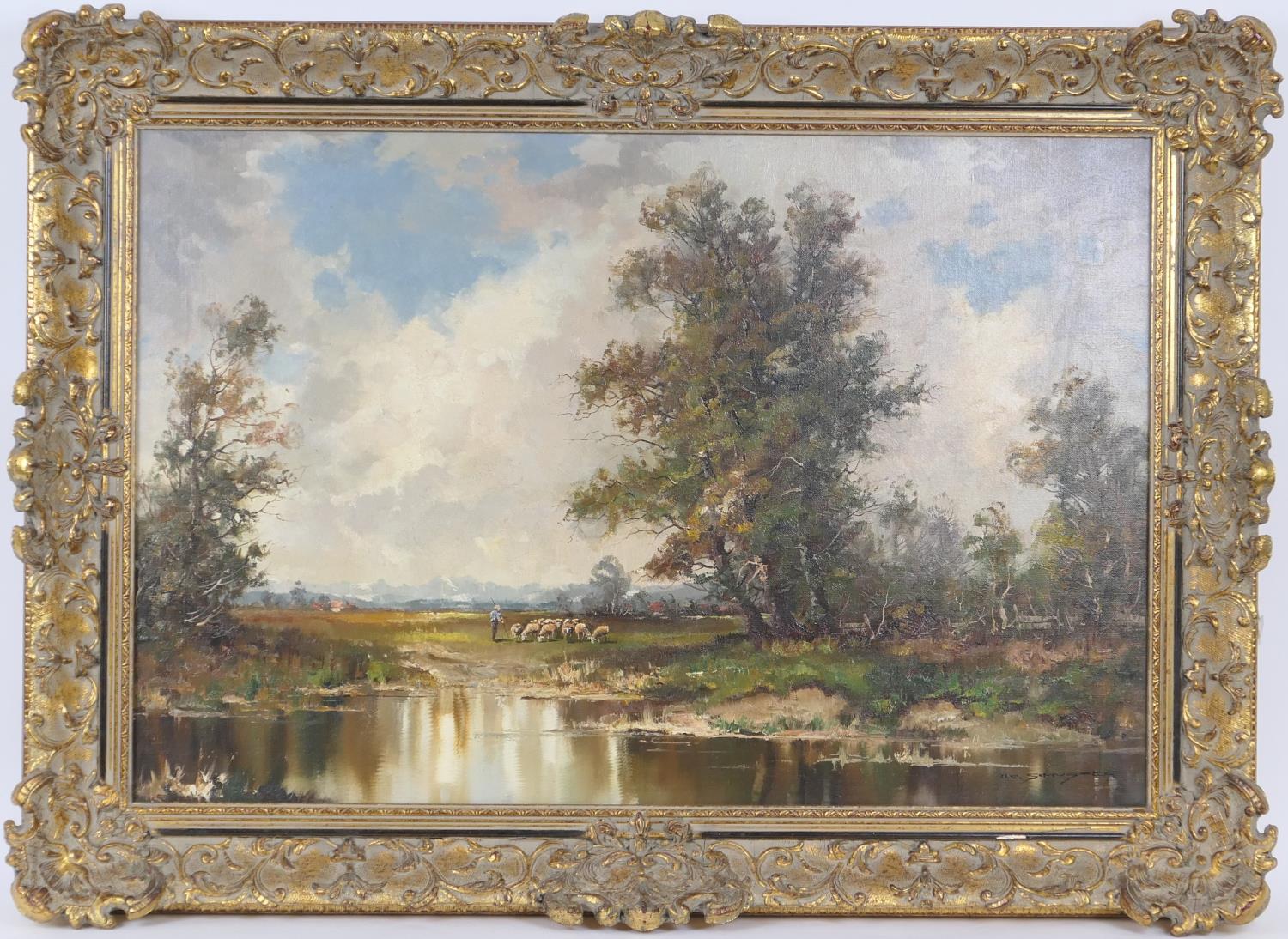 O C Schuster (late 20th Century), Shepherd and his flock at the edge of a lake, signed oil on