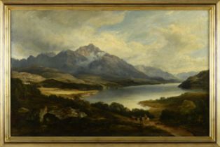 Landscape - Lake between mountains with figures and cattle