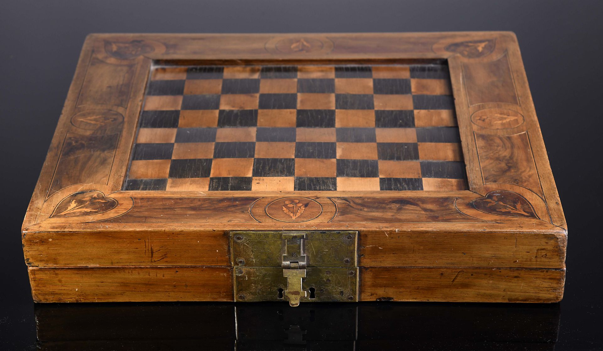 A Hinged Chess, Backgammon and Nine Men’s Morris boards (Mill game) closing in the shape of a box