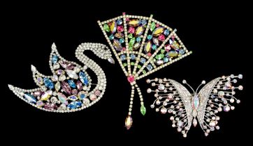 Three Vintage Butler & Wilson Brooches, comprising - a swan, 110mm x 80mm, a butterfly, 90mm x