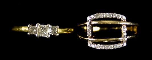 Two Diamond Rings, comprising - 18ct gold set with three emerald cut diamonds, approximately .50ct