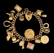 A 9ct Gold Charm Bracelet with Padlock Clasp, set with nineteen charms, 200mm overall, total gross